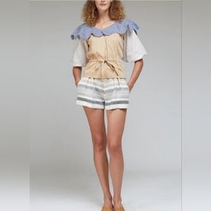 The ELODIE Beige and Blue Gingham Ruffle Blouse